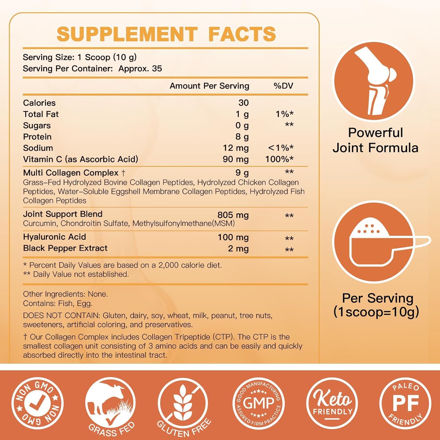 The ingredient information of ZEBORA Hydrolyzed Multi Collagen Peptides Powder.